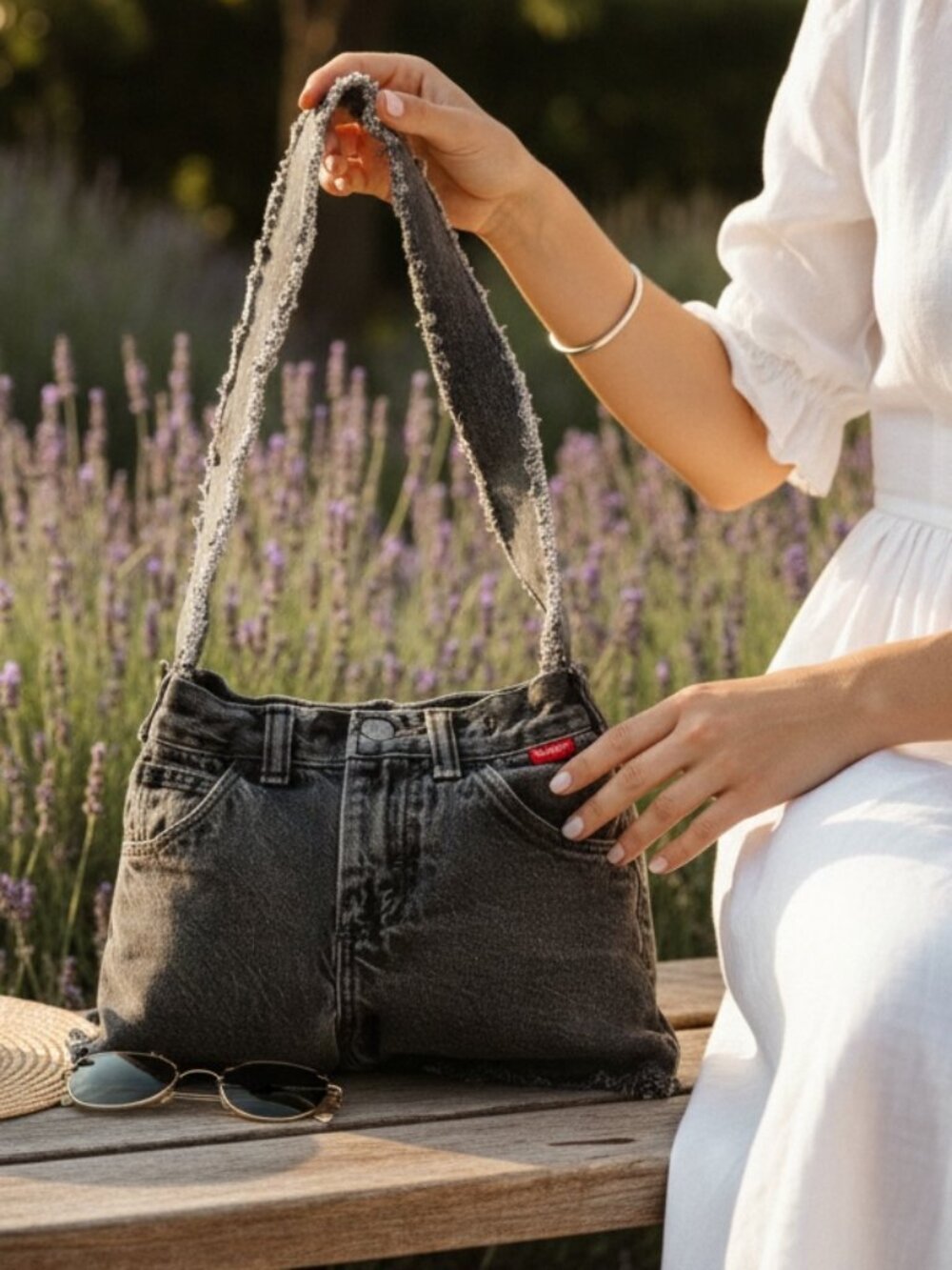 Handmade Upcycled Black‎ Denim Jeans Handbag #227Q